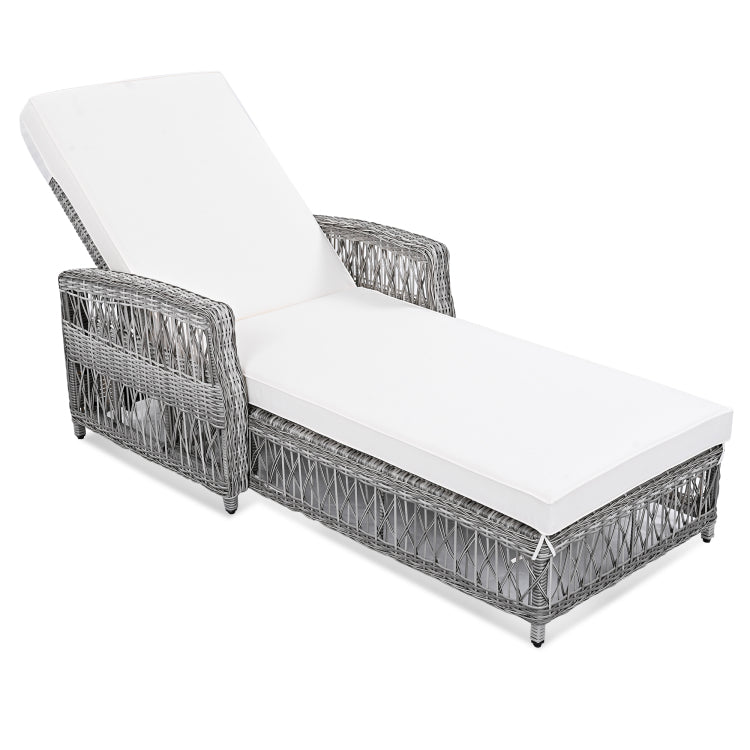 Outdoor Long Reclining Chaise, Wicker Lounge With Armrests, Patio Adjustable Recliner With Soft Removable Cushions, All Weather Rattan Pool Lounge For Poolside & Garden, Beige