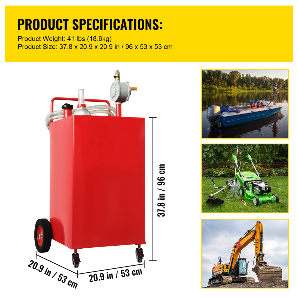 30 Gallon Fuel Caddy, Gas Storage Tank & 4 Wheels, With Manuel Transfer Pump, Gasoline Diesel Fuel Container For Cars, Lawn Mowers, Atvs, Boats, More, Red