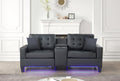 Genesis 85"W Black Pvc Fabric Sofa With Led Lights, Usb Charger, Storage Console, Cupholders, Tufted Cushions