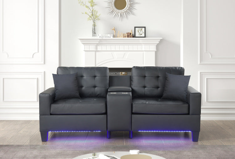 Genesis 85"W Black Pvc Fabric Sofa With Led Lights, Usb Charger, Storage Console, Cupholders, Tufted Cushions