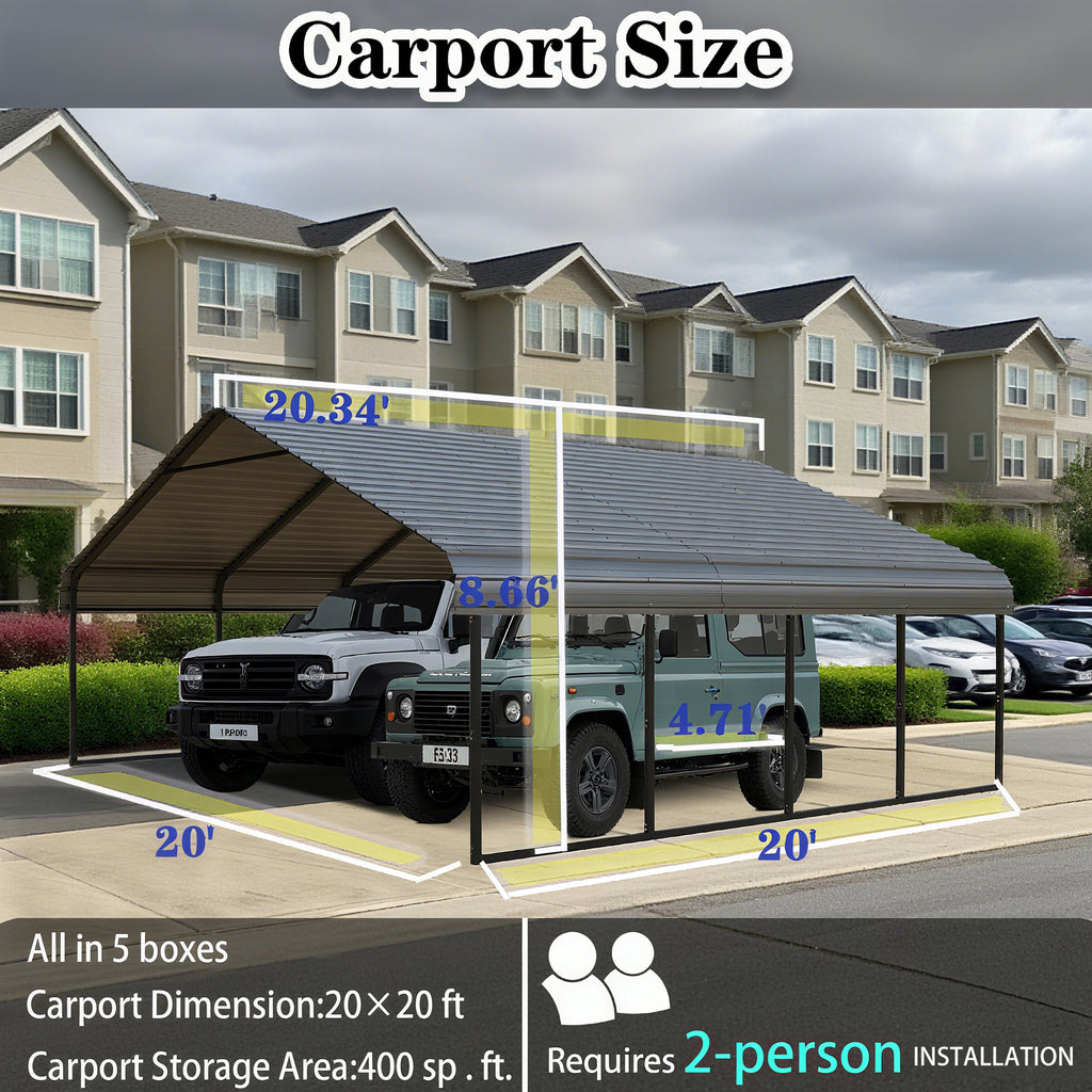 Heavy Duty Carport 20 X 20 Shelter Perfect Solution For Vehicles, Boats & Equipment Durable, All Weather, Quick Assembly Spacious, Secure, Reinforced Gray White