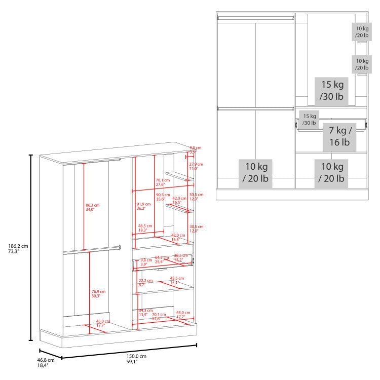 Kamelot Armoire With Double Doors, Hanging Rod And Interior Shelves, White