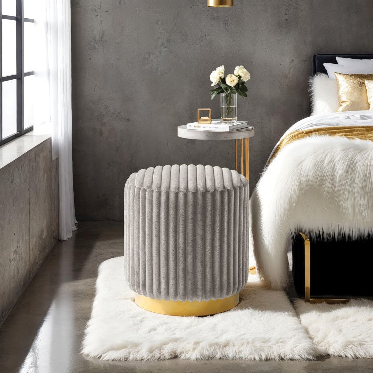 Gray Finish Contemporary Style 1Pc Round Accent Stool Gold Base Stainless Steel Fur Fabric Primary Living Room