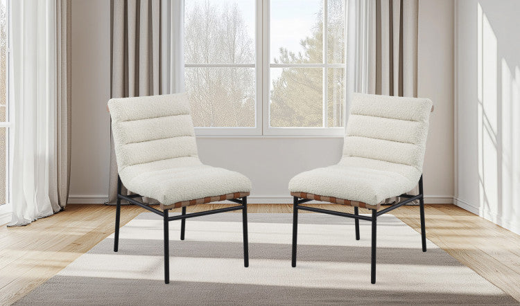 Liana White Boucle Fabric Set Of 2 Dining Chair With Black Iron Legs