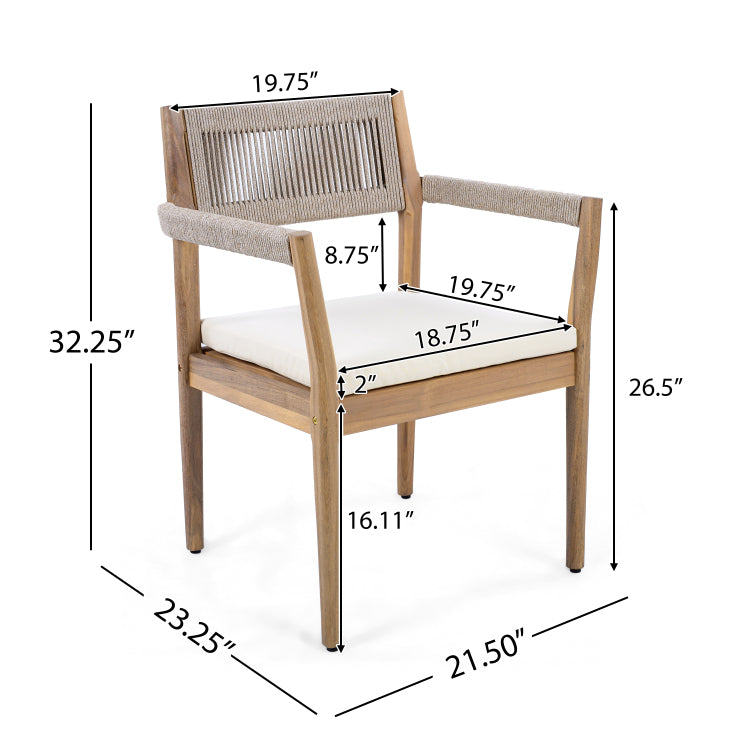 Braided Acacia Wood Outdoor Dining Chairs Set Of 2 Teak Look With Beige Rope & Cream Cushions, Armrests All Weather Patio Furniture For Garden, Poolside, And Backyard Durable & Stylish
