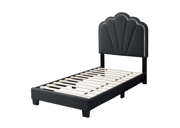 Luxurious Style Twin Size Bed Charcoal Wool Fabric Floral Design Headboard W Led Fully Upholstered Platform Bedroom Furniture