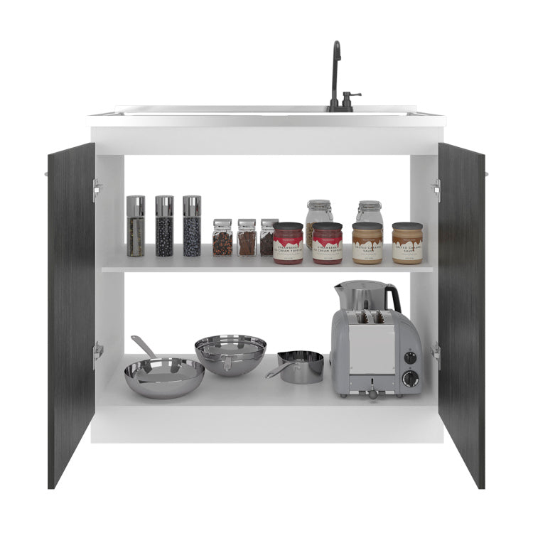 Napoles Utility Sink With Faucet Inclued And Integrated Stainless Steel Counter Top, Freestanding Cabinet With Two Doors, Metal Handles And Two Interior Shelves, Gray White