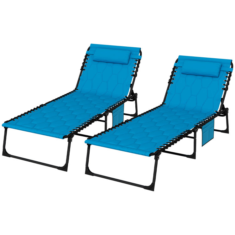 Outsunny Folding Chaise Lounge Set With 5 Level Reclining Back, Outdoor Lounge Tanning Chair With Padded Seat, Side Pocket & Headrest For Beach, Yard, Patio, Sky Blue