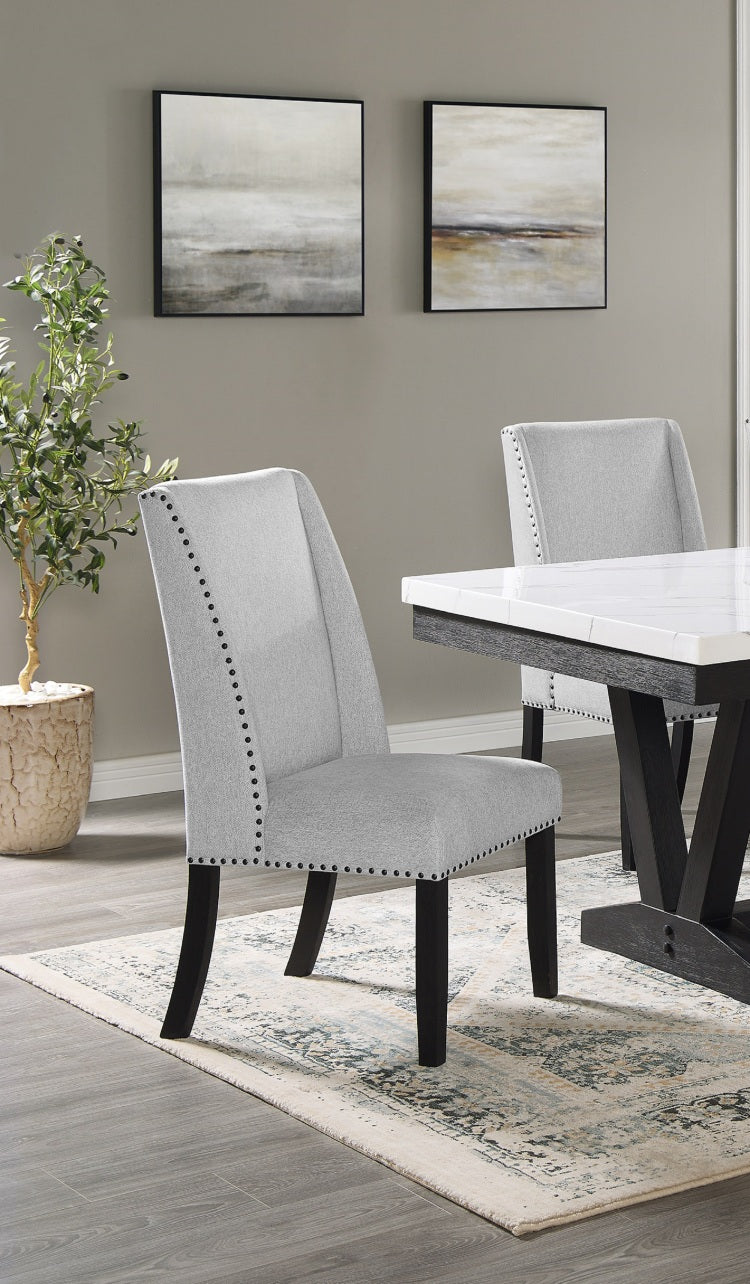 Modern Look 2Pc Light Gray Finish Side Chair Fabric Full Back Upholstered Seat Back Wing Black Finish Nailhead Trim Accent Dining Room Wooden Furniture