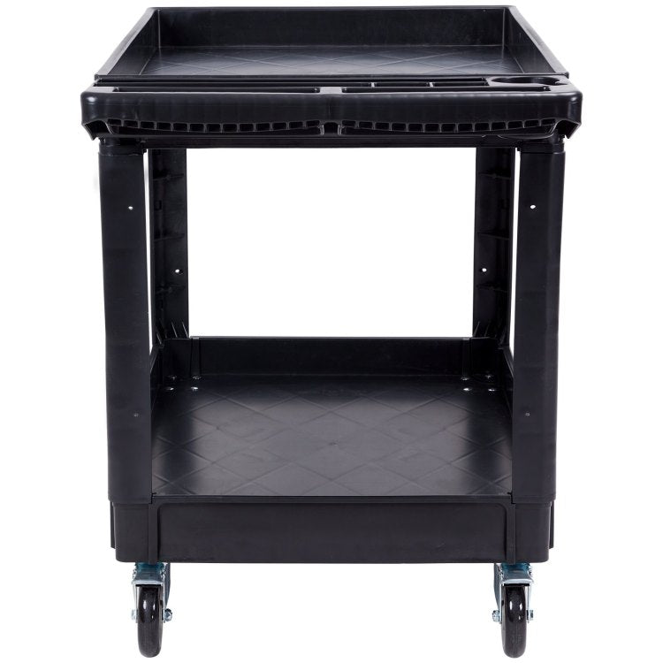 Utility Service Cart, 2 Shelf 550Lbs Heavy Duty Plastic Rolling Utility Cart With 360 Swivel Wheels 2 With Brakes , Large Lipped Shelf, Ergonomic Storage Handle For Warehouse Garage Cleaning