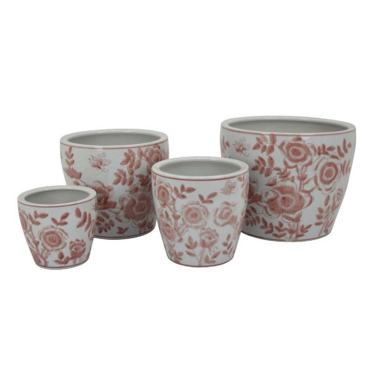 Kerry Accent Planter Pot Set Of 4, Pink Floral Pattern, White Ceramic