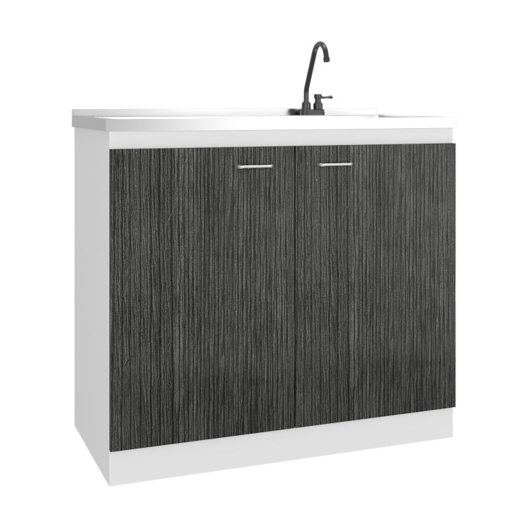 Napoles Utility Sink With Faucet Inclued And Integrated Stainless Steel Counter Top, Freestanding Cabinet With Two Doors, Metal Handles And Two Interior Shelves, Gray White