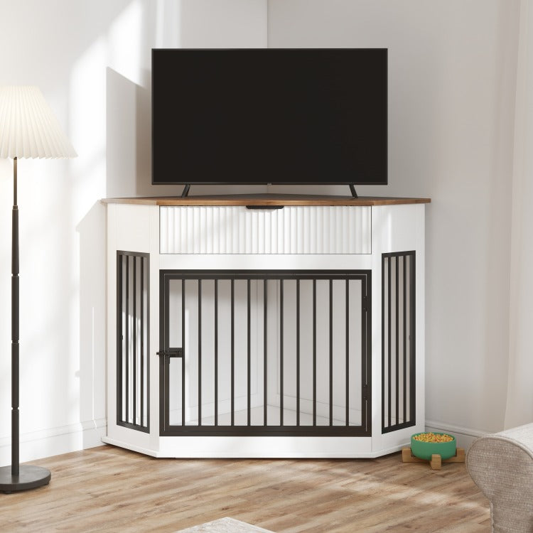 44.6'' Corner Mdf Dog Crate Furniture For Small Medium Dogs, Decorative Dog Kennel End Table With Fluted Drawer Storage, Modern Space Saving Dog Cage Cabinet For Home D Cor Indoor White