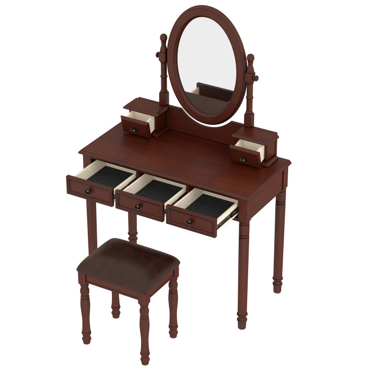 Vanity Desk With Adjustable Angle Mirror, Vintage Vanity Makeup Table And Cushioned Stool Set With Velvet Fabric Lining 5 Drawers,Wooden Dressing Table Set For Bedroom, Walnut