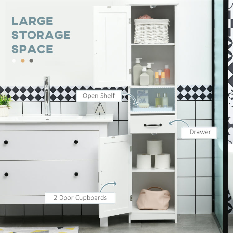 Kleankin Slim Bathroom Storage Cabinet, Tall Bathroom Cabinet, Linen Tower With Open Shelf, Drawer, Recessed Doors, And Adjustable Shelves, White