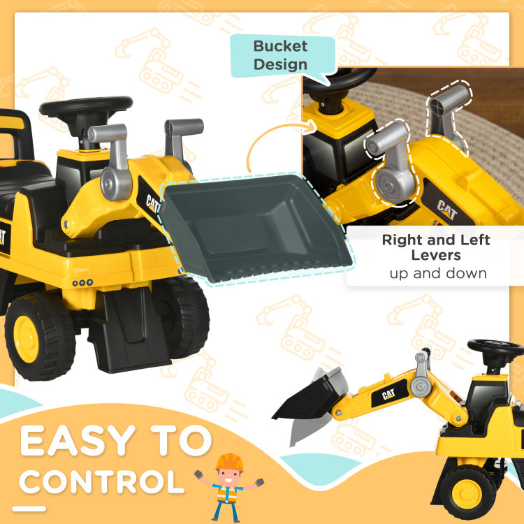 Aosom Ride On Excavator For Kids, Caterpillar Cat Licensed Ride On Digger Construction Vehicles With Manual Shovel, Horn, Hidden Storage, Foot To Floor No Power Kids Ride On Car For 1.5 3 Years