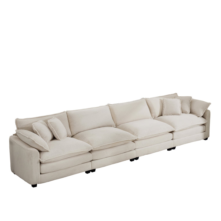Modern Upholstered 4 Seater Fabric Sofa With Comfortable Back Cushions, Seat Cushions And Pillows, Light Beige Corduroy Sofa