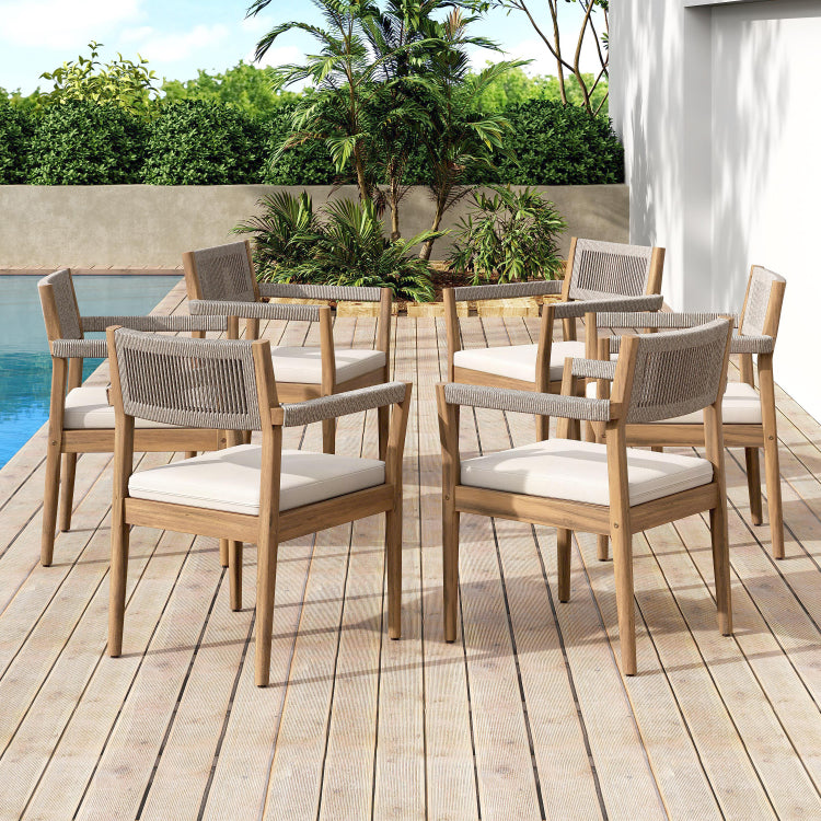 Braided Acacia Wood Outdoor Dining Chairs Set Of 2 Teak Look With Beige Rope & Cream Cushions, Armrests All Weather Patio Furniture For Garden, Poolside, And Backyard Durable & Stylish