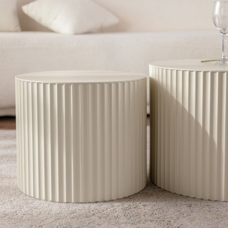 Beige Nesting Coffee Table Set Of 2 Modern Drum Side Table End Table Wave Stripe Round Coffee Table For Living Room