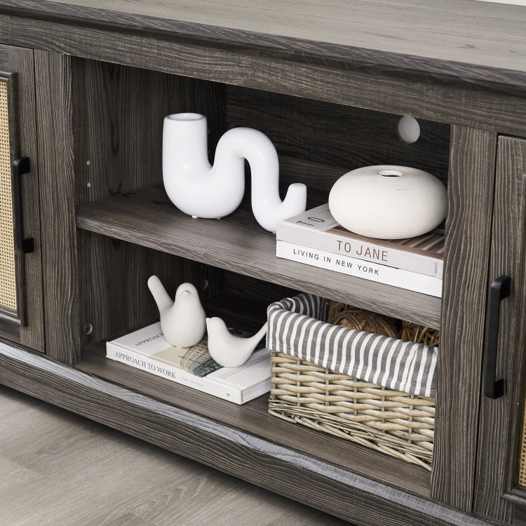 Farmhouse Rattan Tv Stand Console Table For Tvs Up To 70 Inches, Tv Console Table With 2 Storage Shelves, 2 Natural Rattan Door Cabinets, 65"W*15.55"D*23.86"H, Gray