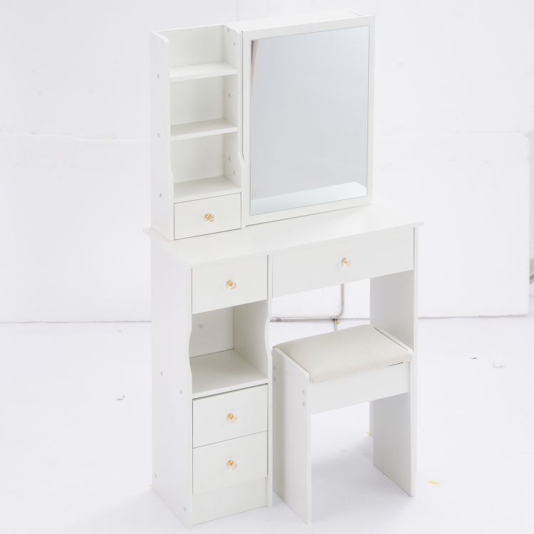 29.2" Small Space Left Drawer Desktop Vanity Table Cushioned Stool, Extra Large Right Sliding Mirror, Multi Layer High Capacity Storage, Practical Fashionable Dresser, Suitable For Small Space
