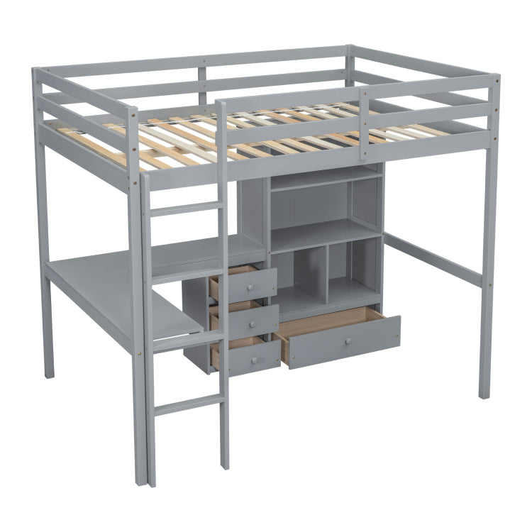 Full Size Loft Wood Bed With Desk, Storage Shelves And Drawers, Built In Ladder, High Loft Bed With Desk, Storage Shelves And Drawers,Guardrails,Grey