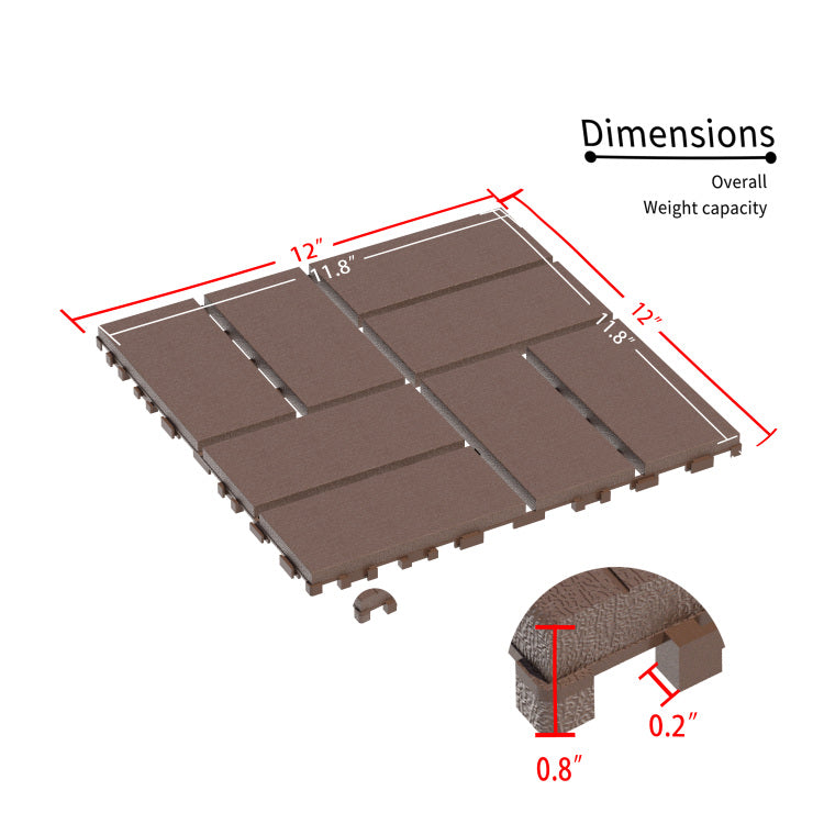 Plastic Interlocking Deck Tiles,44 Pack Patio Deck Tiles,12"X12" Square Waterproof Outdoor All Weather Use, Patio Decking Tiles For Poolside Balcony Backyard, Brown