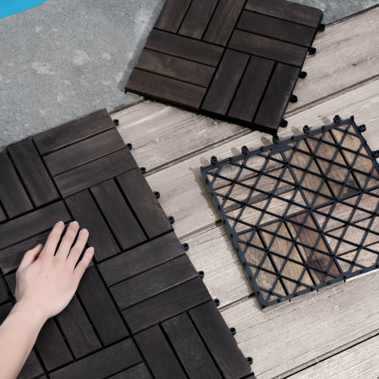 Acacia Wood Interlocking Deck Tiles Checker Pattern, 10Pcs 12" X 12" Square Dark Brown Acacia Hardwood Outdoor Flooring For Patio, Bancony, Pool Side