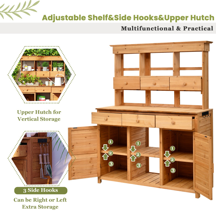 Assembly 65.7'' H Tall Garden Potting Bench Table With Hutch,Patio Storage Workstation With 3 Shelves,6 Drawers,2 Bottom Cabinets&Side Hooks For Mudroom,Doorway, Natural