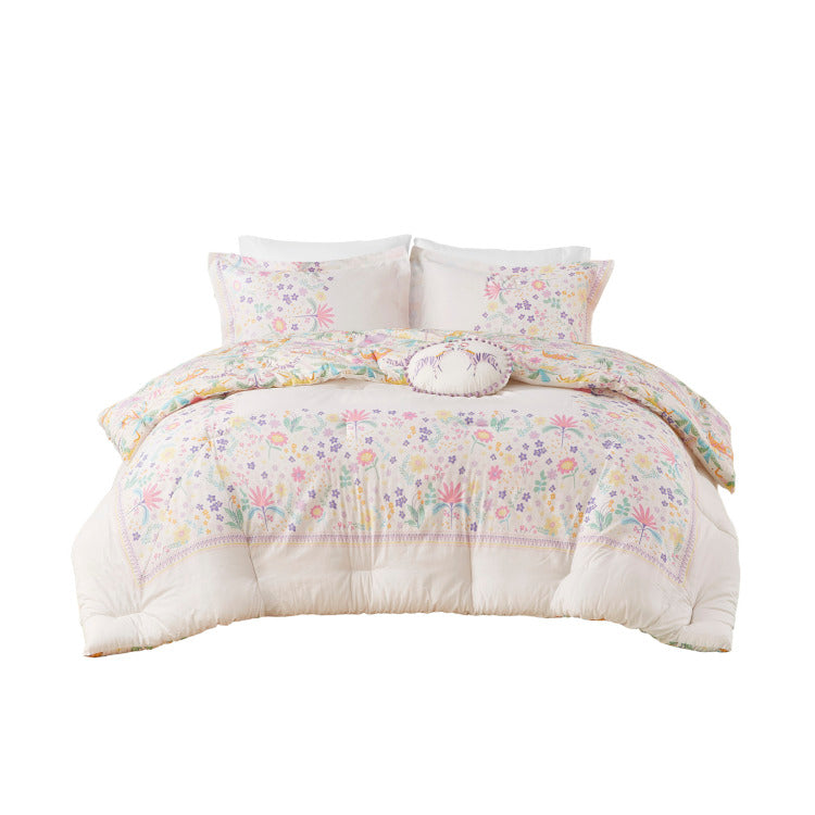 4 Pcs Full Queen Floral Reversible Cotton Comforter Set With Throw Pillow Purple