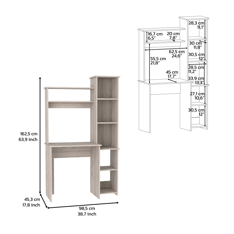 Aramis Desk, Five Shelves, Two Superior Shelves, Light Gray