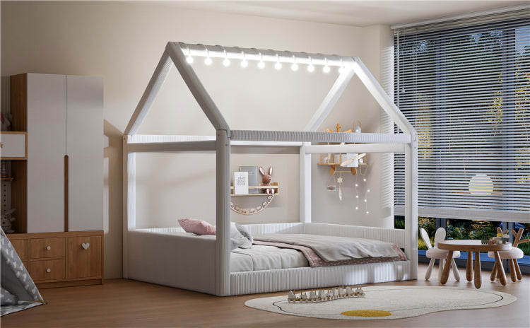 Full Size Upholstered House Daybed With Led Light Strips,Beige