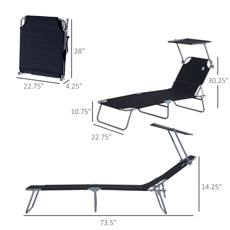 Outsunny Outdoor Lounge Chair, Adjustable Folding Chaise Lounge, Tanning Chair With Sun Shade For Beach, Camping, Hiking, Backyard, Black