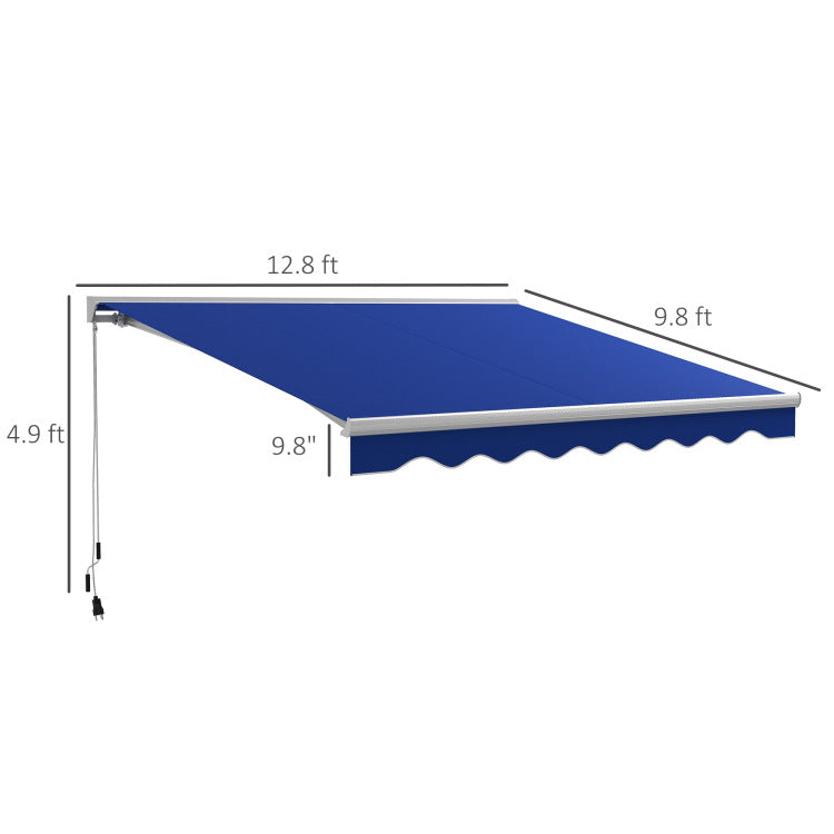 Outsunny 13' X 10' Electric Awning With Led Lights, Retractable Awning, Uv40 Sun Shade Shelter With Remote Controller And Crank Handle For Deck, Balcony, Yard, Blue
