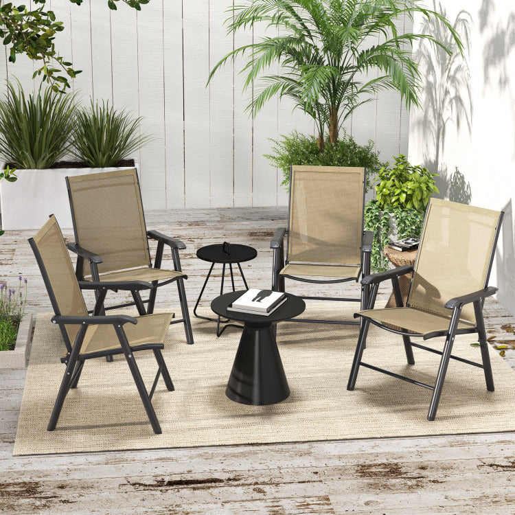 Outsunny Set Of 4 Patio Folding Chairs, Stackable Outdoor Sling Patio Dining Chairs With Armrests For Lawn, Camping, Dining, Beach, Metal Frame, No Assembly, Light Mixed Brown