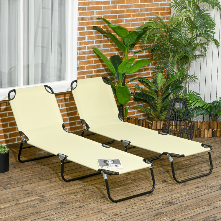 Outsunny 2 Piece Folding Chaise Lounge Pool Chairs, Outdoor Sun Tanning Chairs With 5 Level Reclining Back, Steel Frame For Beach, Yard, Patio, Beige