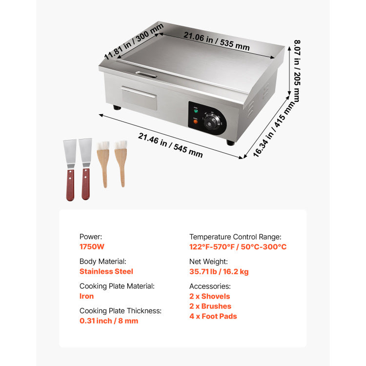 Commercial Electric Griddle, 21 X 11.8 Inch, 1750W, 122 570 F Adjustable Temp Control, Stainless Steel Countertop Flat Top Grill With 2 Spatulas, 2 Brushes And 4 Foot Pads, For Steak, Pancake