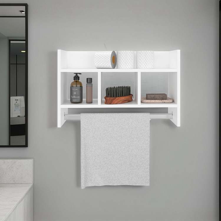 White Bath Shelf With Towel Bar, Open Shelf, And Storage Space