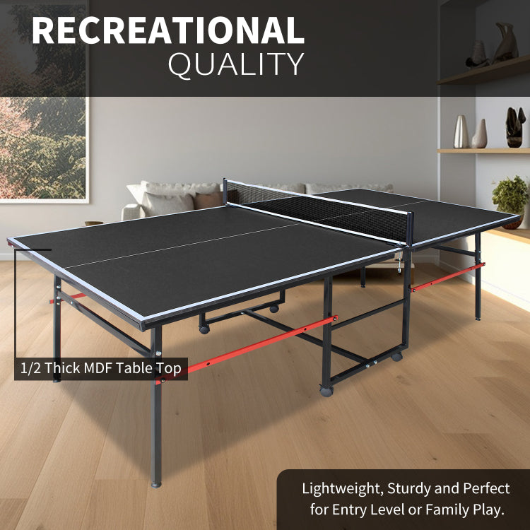 8Ft Black Mid Size Table Tennis Table Foldable & Portable Ping Pong Table Set For Indoor Games With Net, 2 Table Tennis Paddles And 3 Balls