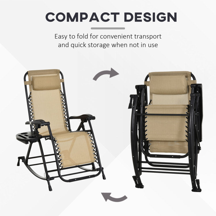 Outsunny 2 Pieces Outdoor Rocking Chairs, Foldable Reclining Zero Gravity Lounge Rocker With Pillow, Cup & Phone Holder, Combo Design With Folding Legs, Beige