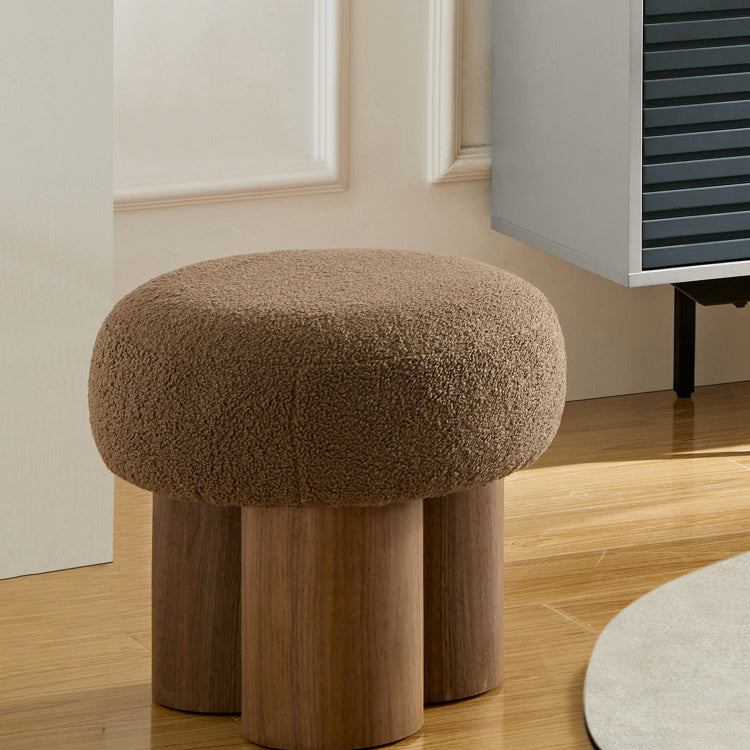 W8017 1 Mushroom Stool, Brown Lamb Wool Seat, Barrel Pvc Pipe With Walnut Veneer