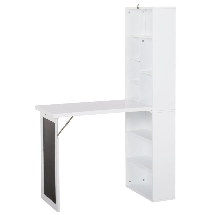 Homcom Fold Out Convertible Writing Table Wall Mount Desk Cabinet With Blackboard And Side Shelf Multi Function Home Office Workstation, White