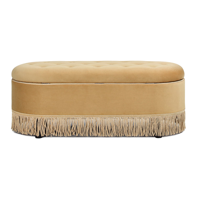 Melinda 48.5" Oval Tufted Bullion Fringe Storage Bench, Gold Velvet
