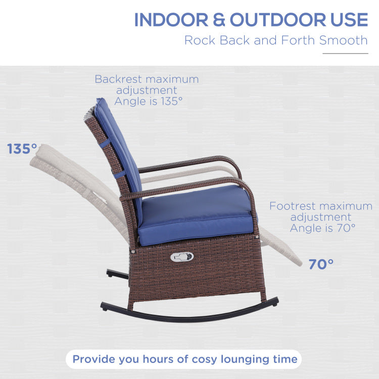 Outsunny Wicker Outdoor Rocking Chair, Patio Recliner With Adjustment Backrest, Pe Rattan Lounge Chair With Adjustable Footrest And Cushions For Garden, Backyard, Porch, Blue