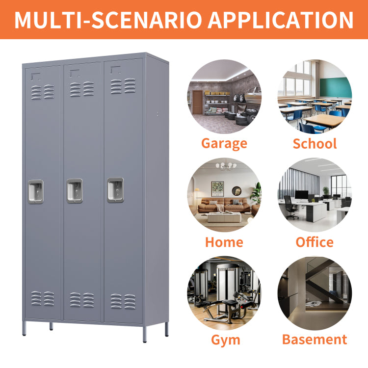 3 Door 72"H Metal Lockers With Lock For Employees,Storage Locker Cabinet For Home Gym Office School Garage,Gray