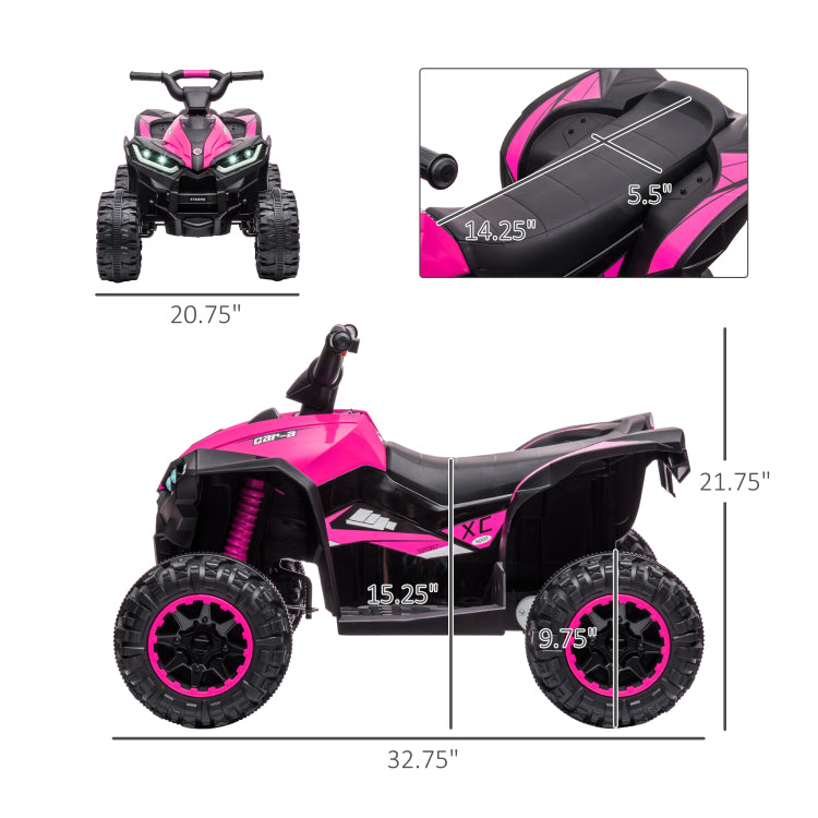 Aosom 12V Kids Atv Quad Car With Forward & Backward Function, Four Wheeler For Kids With Wear Resistant Wheels, Music, Electric Ride On Atv For Toddlers Ages 3 5 Years Old, Pink