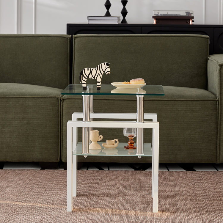 2 Pieces White Tempered Clear Glass End Table, 2 Layers Small Table With Storage, Living Room Side Table