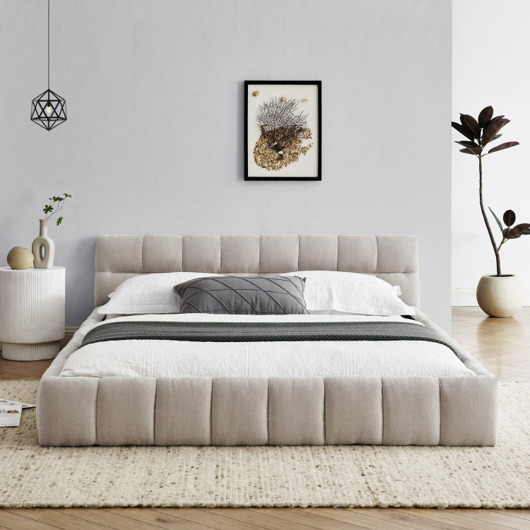 Queen Size Upholstered Bed Frame With Thick Fabric, Chenille Fabric Grounded Queen Size Platform Bed With Headboard And Solid Frame. No Box Spring Needed, Beige 68''*86.5''*23.5''