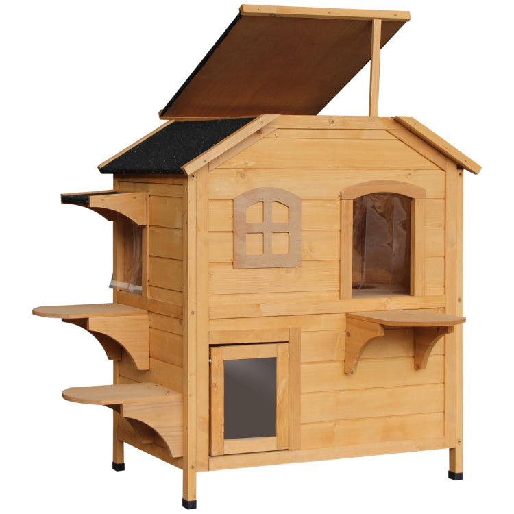 Pawhut 2 Story Cat House Outdoor, Weatherproof Wooden Cat Enclosure For Feral Cats With Escape Door, Openable Roof, Jumping Platforms, Natural