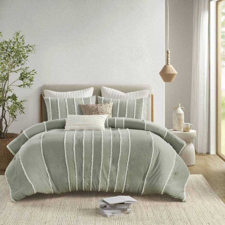 3 Piece Striped Cotton Comforter Set Sage Full Queen